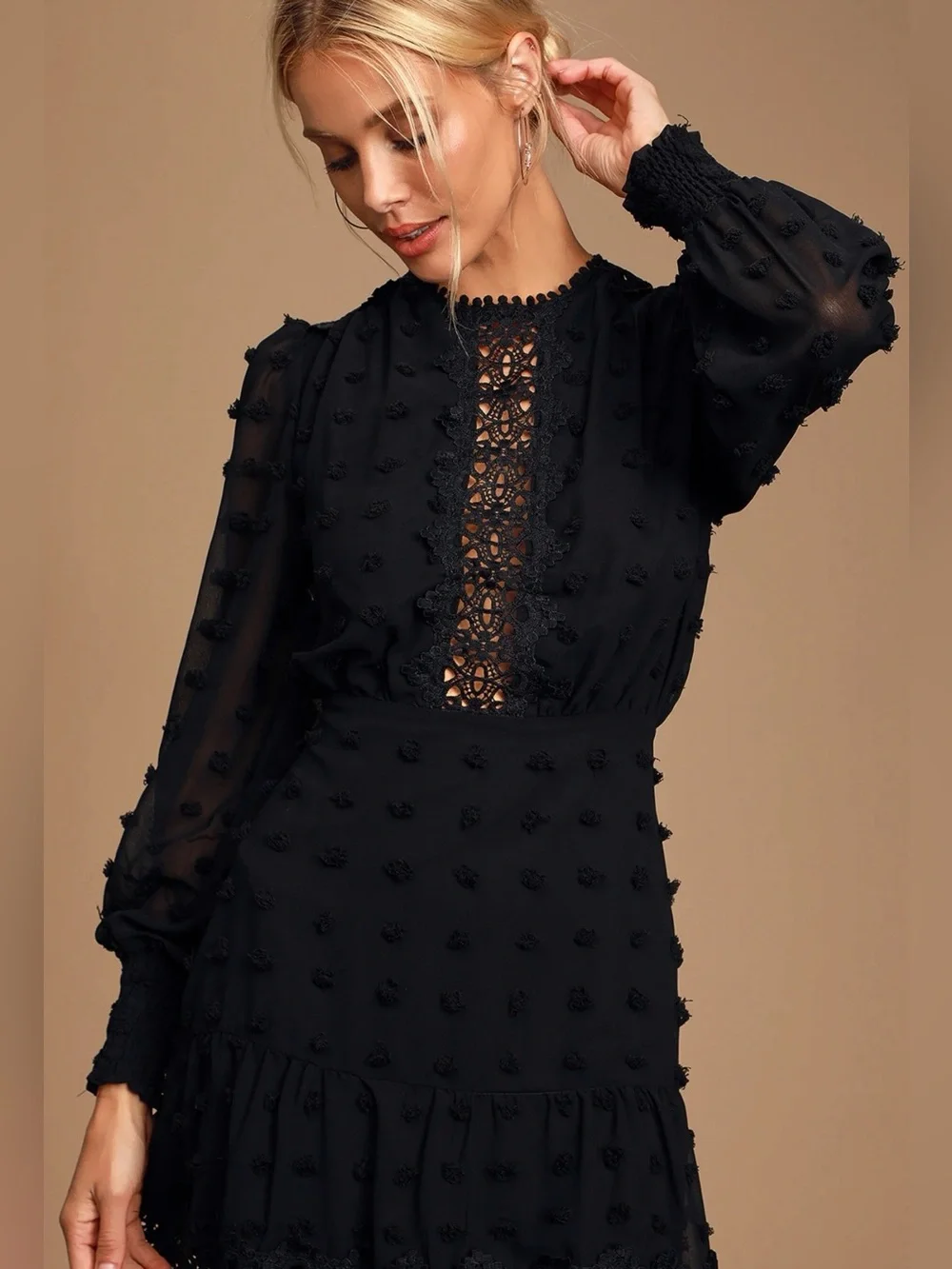 Lulus Black Swiss Dot Lace Long Sleeve Mini Dress S - Picture 4 of 10